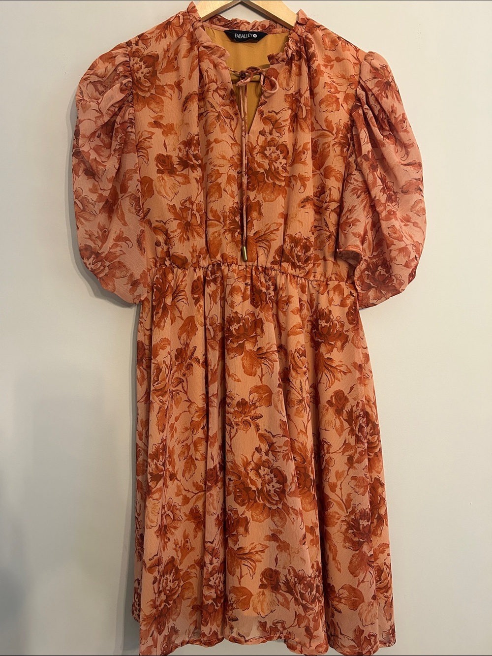 Orange Floral Tie-Neck Midi Dress